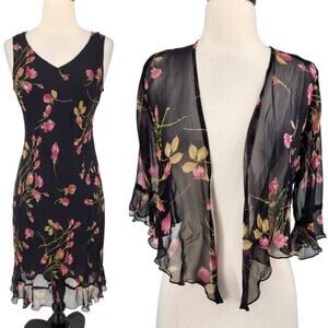 Robbie Bee 90s Silk Dress Set – Black Floral Sheath Dress Matching Sheer Jacket